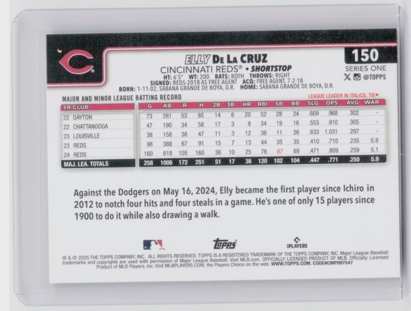 2025 Topps Elly De La Cruz #150 Reds - Image 3