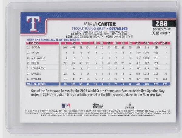2025 Topps Evan Carter #288 Rangers - Image 3