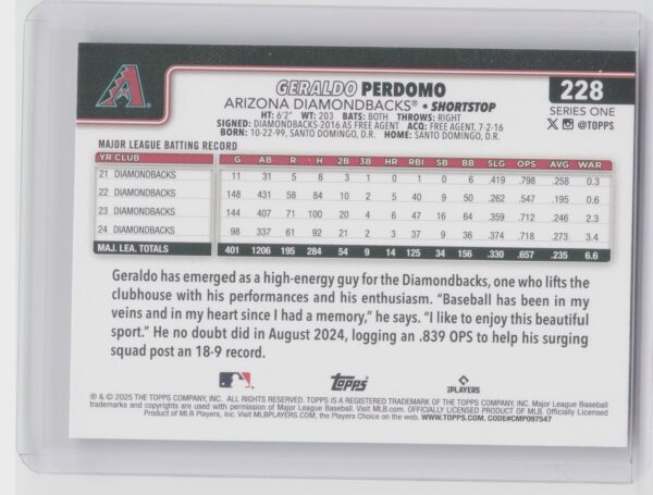 2025 Topps Geraldo Perdomo Pink Holo Foil #228 Diamondbacks - Image 3