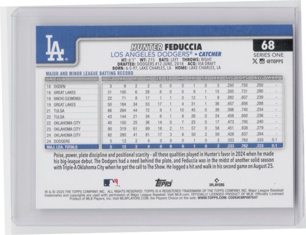 2025 Topps Hunter Feduccia RC #68 Dodgers - Image 3