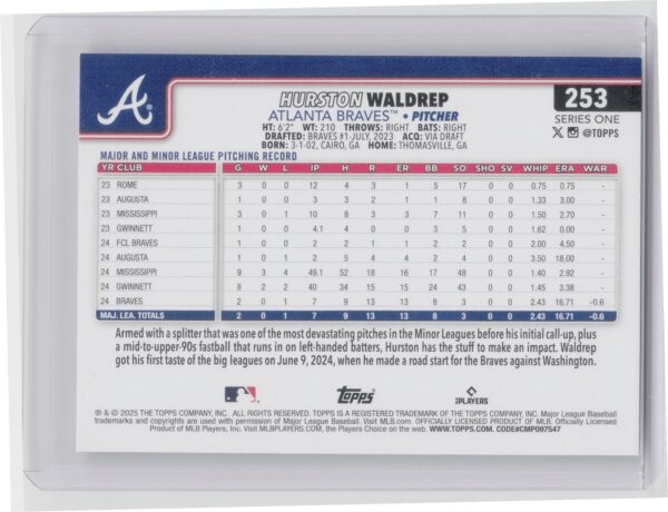 2025 Topps Hurston Waldrep RC #253 Braves - Image 3