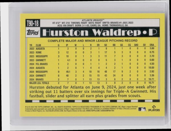 2025 Topps Hurston Waldrep RC #T90-18 Braves 1990 Topps Baseball 35th Anniversar - Image 3
