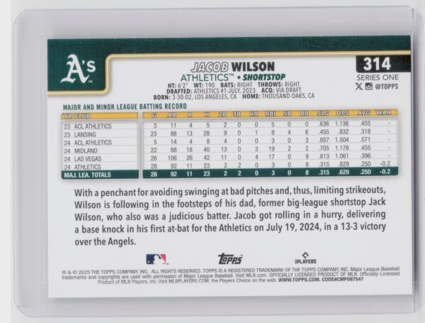 2025 Topps Jacob Wilson RC #314 Athletics - Image 3