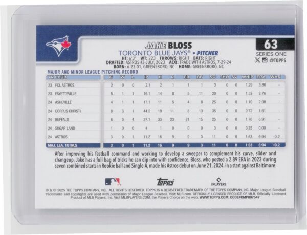 2025 Topps Jake Bloss RC #63 Jays - Image 3