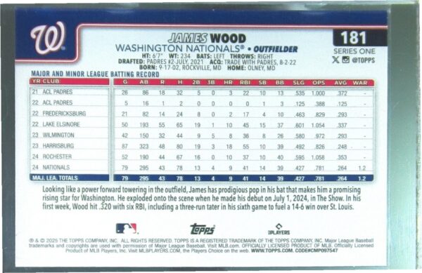 2025 Topps James Wood RC #181 Nationals - Image 3
