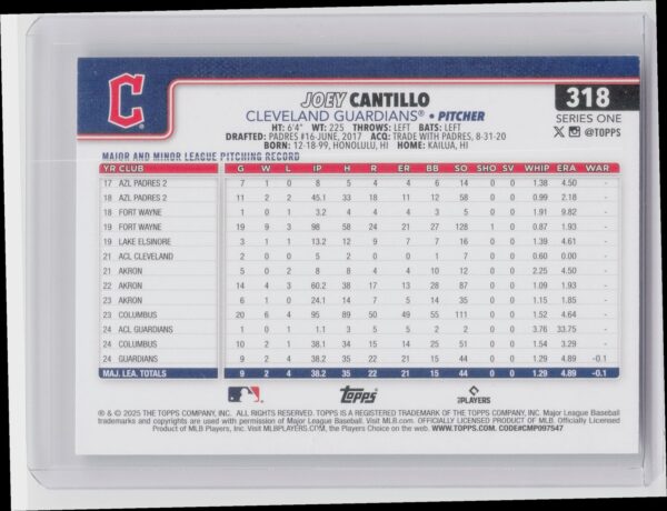 2025 Topps Joey Cantillo RC #318 Guardians - Image 3