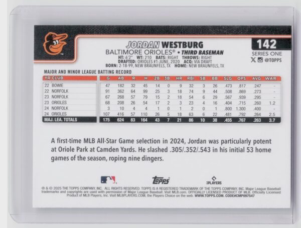 2025 Topps Jordan Westburg #142 Orioles - Image 3