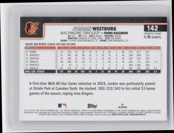 2025 Topps Jordan Westburg Diamante Foil #142 Orioles - Image 3
