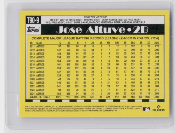 2025 Topps Jose Altuve #T90-9 Astros 1990 Topps Baseball 35th Anniversary - Image 3