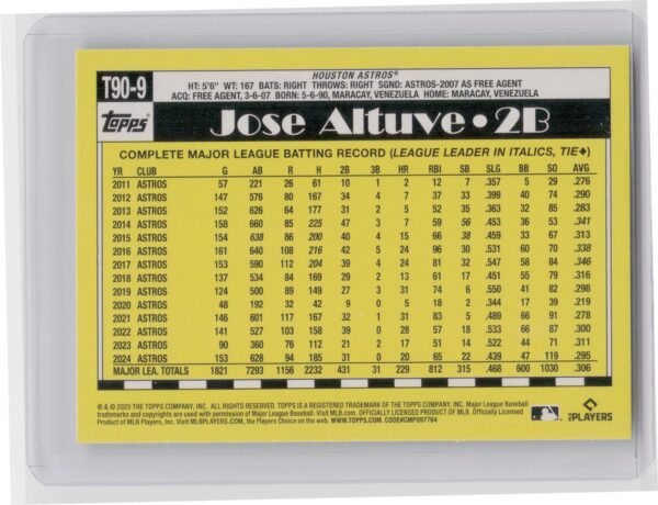 2025 Topps Jose Altuve #T90-9 Astros 1990 Topps Baseball 35th Anniversary - Image 3