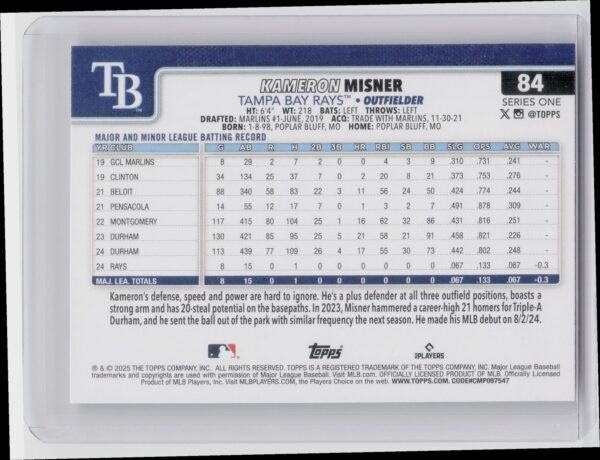 2025 Topps Kameron Misner RC #84 Rays - Image 3