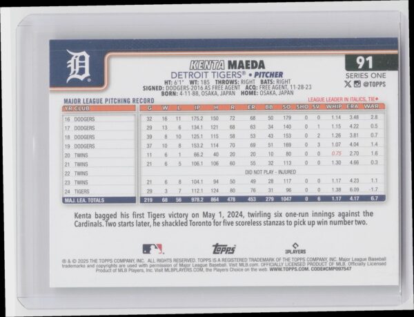 2025 Topps Kenta Maeda Diamante Foil #91 Tigers - Image 3
