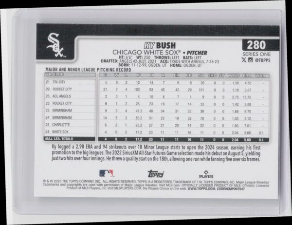 2025 Topps Ky Bush RC #280 Sox - Image 3