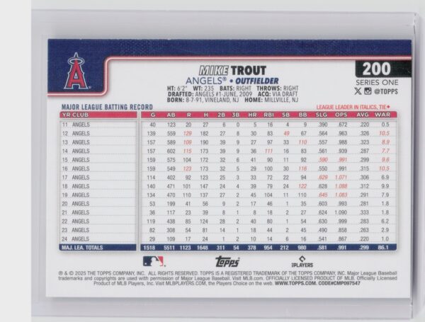 2025 Topps Mike Trout #200 Angels - Image 3
