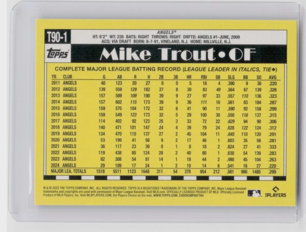 2025 Topps Mike Trout #T90-1 Angels 1990 Topps Baseball 35th Anniversary - Image 3