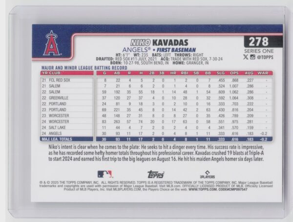 2025 Topps Niko Kavadas RC #278 Angels - Image 3