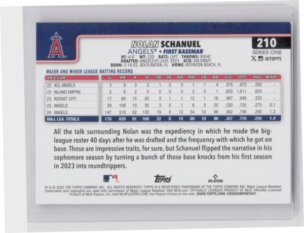 2025 Topps Nolan Schanuel #210 Angels - Image 3