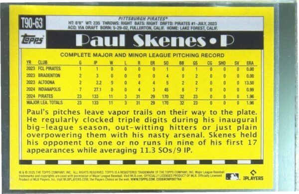 2025 Topps Paul Skenes #T90-63 Pirates 1990 Topps Baseball 35th Anniversary - Image 3