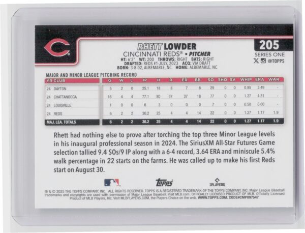 2025 Topps Rhett Lowder RC #205 Reds - Image 3