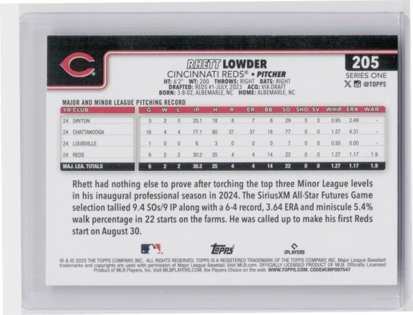 2025 Topps Rhett Lowder RC #205 Reds - Image 3