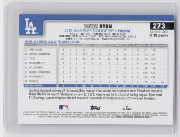 2025 Topps River Ryan Diamante Foil #273 Dodgers - Image 3