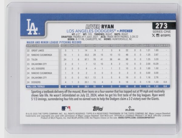 2025 Topps River Ryan RC #273 Dodgers - Image 3