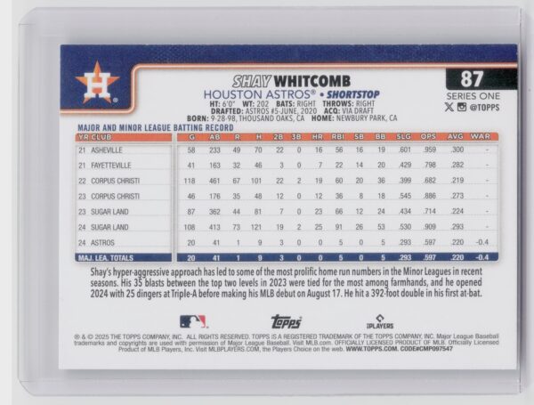 2025 Topps Shay Whitcomb RC #87 Astros - Image 3