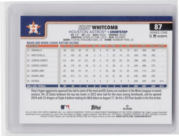 2025 Topps Shay Whitcomb RC #87 Astros - Image 3