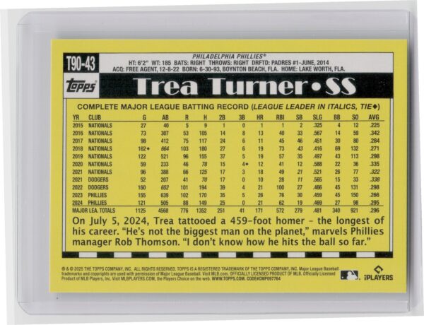 2025 Topps Trea Turner #T90-43 Phillies 1990 Topps Baseball 35th Anniversary - Image 3