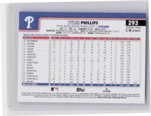 2025 Topps Tyler Phillips RC #293 Phillies - Image 3