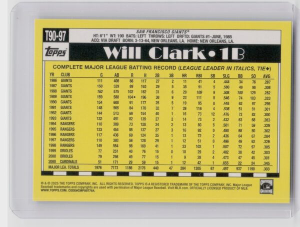 2025 Topps Will Clark #T90-97 Giants 1990 Topps Baseball 35th Anniversary - Image 3