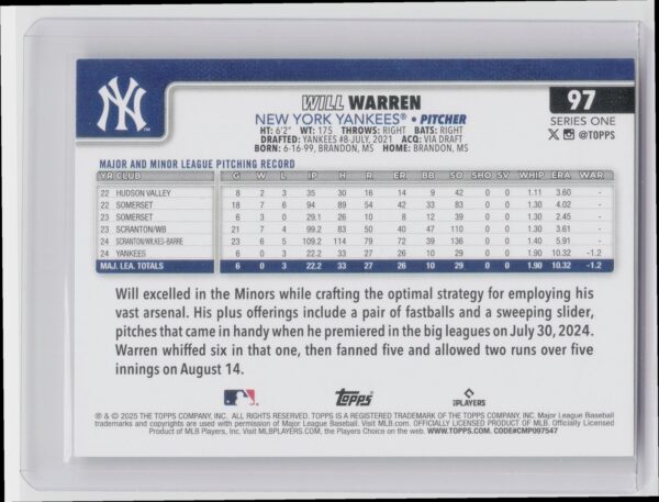 2025 Topps Will Warren RC #97 Yankees - Image 3