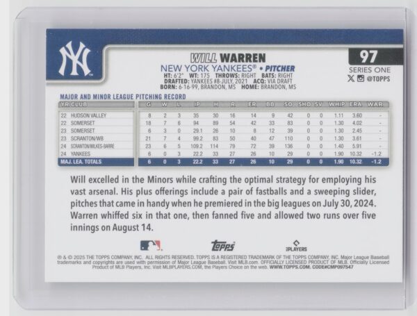 2025 Topps Will Warren RC #97 Yankees - Image 3
