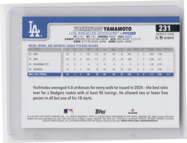 2025 Topps Yoshinobu Yamamoto #231 Dodgers - Image 3