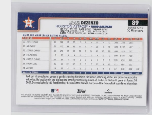 2025 Topps Zach Dezenzo RC #89 Astros - Image 3